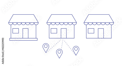 Retail Storefront Icons with Location Pins – Line Art Style – Isolated on Transparent Background