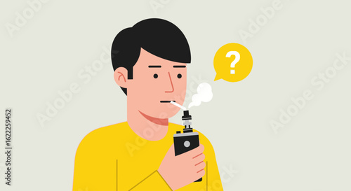 An illustrated man exhales vapor from an e-cigarette, with a question mark above his head symbolizing confusion or health concerns about vaping.