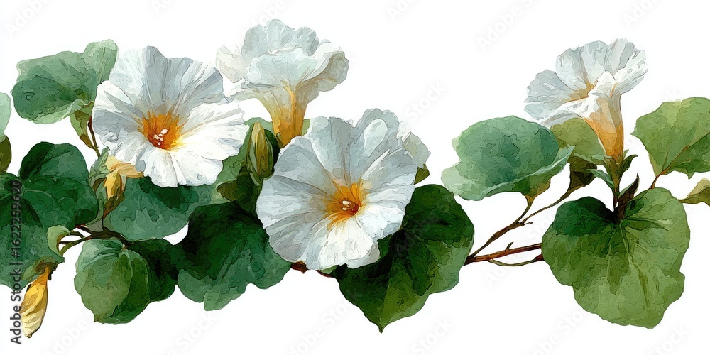 Fototapeta premium White flowers and green leaves in a horizontal row