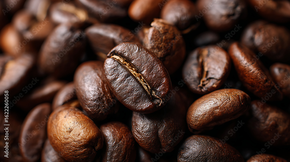 Fototapeta premium Close-up view of roasted coffee beans showcasing their rich texture and color variations