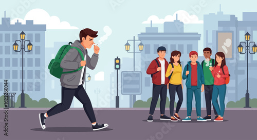 A young man hurries past a group of friends on a city sidewalk, appearing to cough.