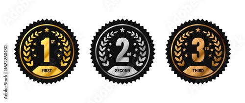 1st, 2nd, 3rd awards medal vector. Black, gold, silver and bronze color. First, Second, Third place badges with laurel wreath. Isolated on white background