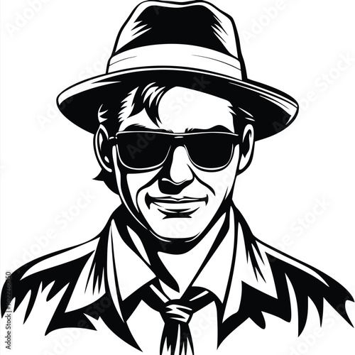 A sharply dressed man wears sunglasses and a fedora, standing in stark black and white