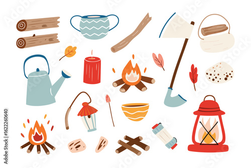 Camping Essentials Illustrated: A vibrant collection of camping and outdoor recreation elements, meticulously illustrated in a visually engaging style, embodying the spirit of adventure.