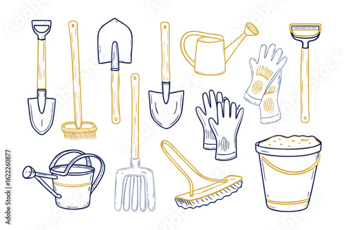 Garden Tools: A collection of various gardening tools, meticulously illustrated with an artistic touch, evoking the essence of a productive garden, ready for planting and cultivation.