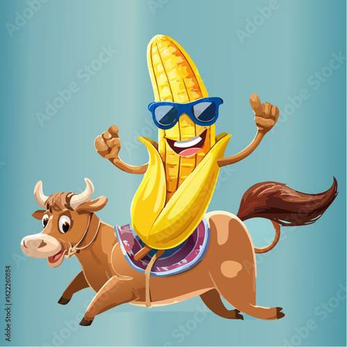 A banana with shades clings to a bucking corn dog in a wild snack rodeo of ridiculous fun.