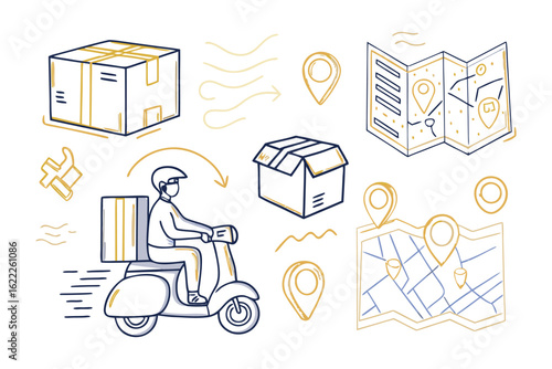 Express Delivery Sketch: An illustrated scene depicting an express delivery service with a scooter, maps, and packages, symbolizing rapid and efficient shipping.