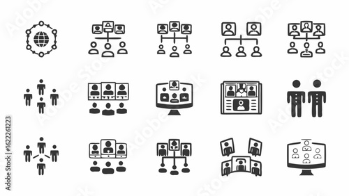 Illustration showing global network connections and various team and organizational structures represented