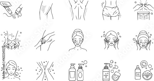 monochrome illustration of cosmetic procedures, including laser hair removal, body contouring, facial treatments, and skincare, in a clean, minimalist style, line art
