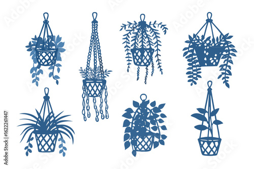 Serene Hanging Plants: A captivating display of hanging plants in diverse woven baskets and intricate macrame hangers, rendered in a tranquil indigo hue.