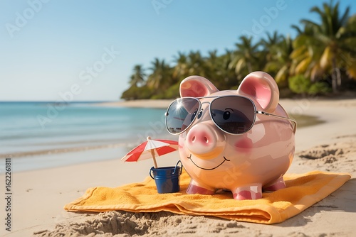 Piggy bank relaxing on a tropical beach with sunglasses, representing savings and financial freedom for vacation dreams