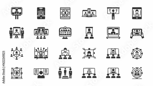 Illustration of various video conferencing and online meeting icons displayed in a grid format