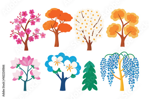 Variety of trees set : a vibrant collection of trees illustration displaying the beautiful array of floral and autumnal colors and shapes. Perfect illustration for illustrating season