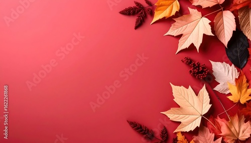 Celebrating autumn vibrant leaves arrangement on warm red background nature photography indoor setting close-up perspective