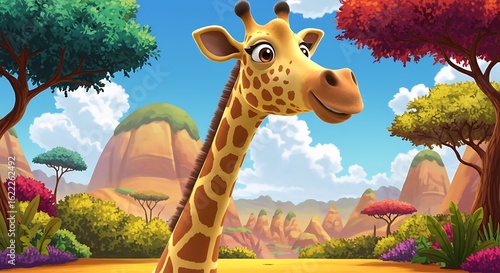 Giraffe in enchanted forest background