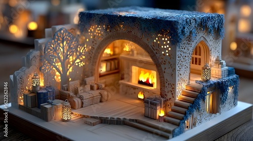 Intricate 3D paper diorama of cozy Christmas room