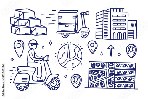 Delivery Icons and Elements: An illustrative representation of logistics and transport, featuring delivery trucks, packages, a rider on a scooter, and location markers.
