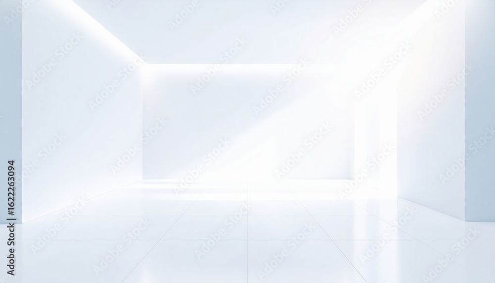 Fototapeta premium Illuminated minimalist interior space modern gallery digital art clean aesthetics wide angle view contemporary design concept