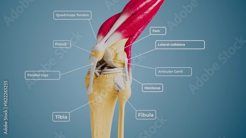3D rendering of human raising knee, zooming into joint anatomy with labeled tendons, bones, ligaments, and cartilage. Ideal for medical, scientific, and educational use