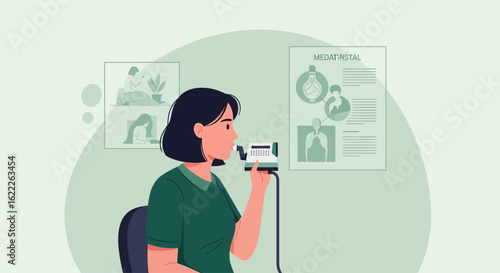 Woman performs a pulmonary function test, examining lung capacity for respiratory health, in a medical setting.