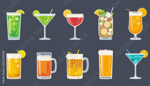 Vibrant cocktail collection offers diverse choices for bar menus, summer parties, or festive celebrations, ideal for restaurants and event promotions