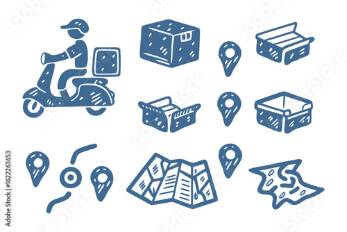 Delivery Icon Set: A charming set of hand-drawn icons, featuring a delivery person on a scooter, various package boxes, location markers, and a folded map, all rendered in a stylish.
