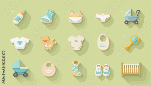 Adorable baby essentials collection: Nurturing newborns with care, featuring soft clothes, cozy shoes, and playful toys for a delightful childhood journey