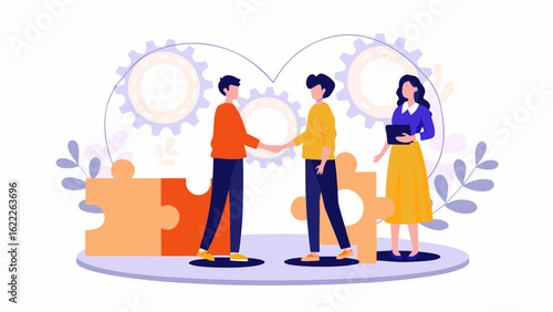 Two people shaking hands with a woman holding a tablet near puzzle pieces and gears in the background