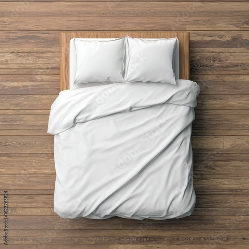 Overhead view of a made bed with white bedding on a light brown wooden floor.  Two white pillows lie on top of the bed, with a white duvet cover.  The bed frame is a light wood color
