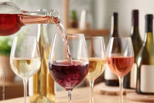 Rose wine being poured into a glass, other wine bottles and glasses in the background