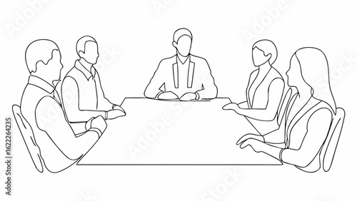 Line drawing illustration of five people sitting around a table in a business meeting setting view