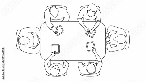 Overhead view of six people sitting around a rectangular table each holding a tablet in a line drawing