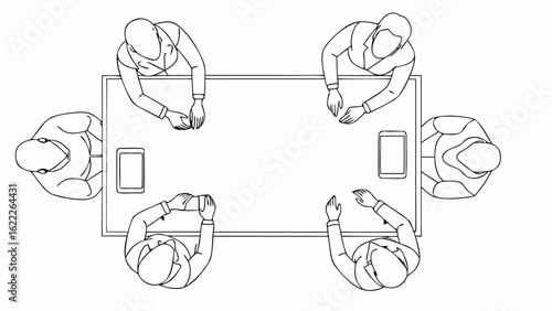 Overhead view of six people sitting around a rectangular table with tablets in a meeting setting
