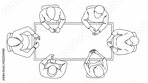 Overhead view of six people sitting around a rectangular table in a meeting or discussion setting
