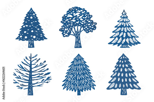 Illustrative Nature: A collection of artistic illustrations of diverse trees showcases a variety of arboreal forms, perfect for a range of creative projects.