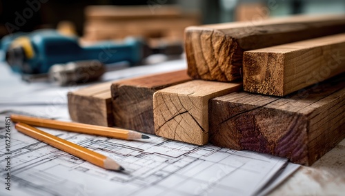 Wood blocks, blueprints, and tools.  Stacked, varying shades of light and dark wood, resting on architectural plans.  Two pencils lie alongside.  A power drill is partially visible in the background