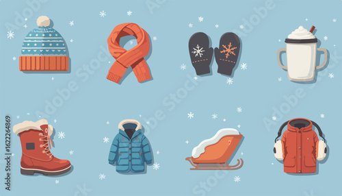 Cozy winter essentials set for seasonal promotions: hat, scarf, mittens, warm drink, boot, coat, sled, earmuffs for holiday sales and festive designs