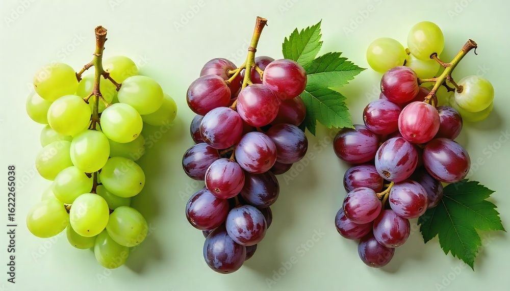 Obraz premium A composition of fresh grapes (green and purple) a clean arrangement. The background is empty (transparent or plain white), no shadows, no reflections. Top-down view. Realistic style with high detail.