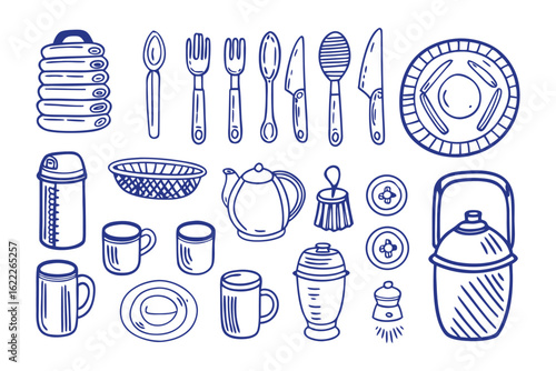 Culinary Essentials: An artistic compilation of kitchen tools and tableware, meticulously crafted with pen and ink, offers a minimalist design for culinary-themed creations.