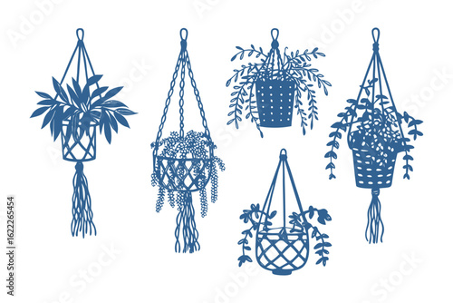 Hanging Plants in Indigo Sketch: A collection of five indigo sketches portrays an array of diverse plants gracefully suspended within intricate woven hangers.