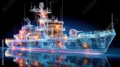 3D wireframe warship, glowing parts