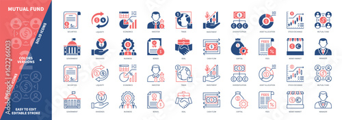 Mutual Fund icon set. Securities, Cash Flow, Money, Investment, Stock Exchange, Diversification, Dividends, Economics. Duotone color solid and editable outline icons