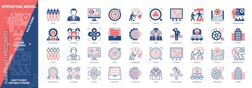 Operating Model icon set. Technology, Performance, Vision, Decision Making, Business Model, Improvement, Manager, Leadership. Duotone color solid and editable outline icons