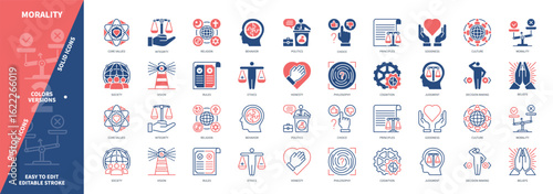Morality icon set. Integrity, Religion, Principles, Choice, Philosophy, Society, Decision Making, Core Values. Duotone color solid and editable outline icons