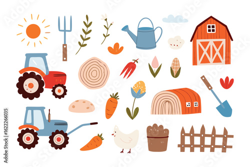 Farm Life: A colorful collection of farm elements creates a vibrant and cheerful scene, depicting a quaint farm life. This image showcases essential tools and elements.