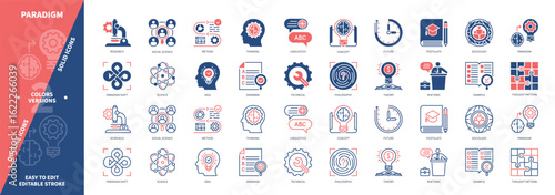 Paradigm icon set. Philosophy, Science, Theory, Thought Pattern, Rhetoric, Postulate, Example, Sociology. Duotone color solid and editable outline icons