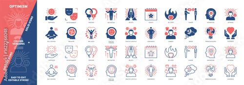 Optimism icon set. Happiness, Beliefs, Entertainment, Culture, Positive Thinking, Humor, Freedom, Inspiration. Duotone color solid and editable outline icons