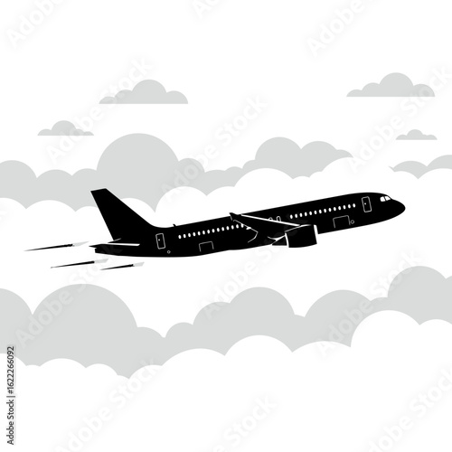 A sleek black silhouette of a commercial passenger jet airplane is depicted flying through soft, stylized clouds in a minimalist vector illustration.