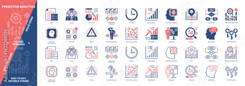 Predictive Analytics icon set. Machine Learning, Data Mining, Statistics, Opportunities, Prediction, Analysis, Algorithm, Artificial Intelligence. Duotone color solid and editable outline icons