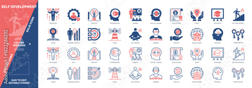 Self Development icon set. Goals, Motivation, Training, Learning, Skill, Personal Growth, Creativity, Online School. Duotone color solid and editable outline icons